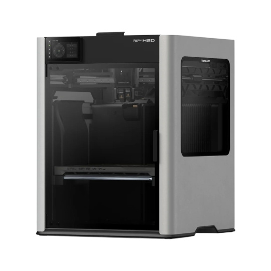 Drukarka 3D Bambu Lab H2D z podwójnym ekstruderem typu Dual Drive, dużym polem roboczym i automatycznym poziomowaniem stołu roboczego.