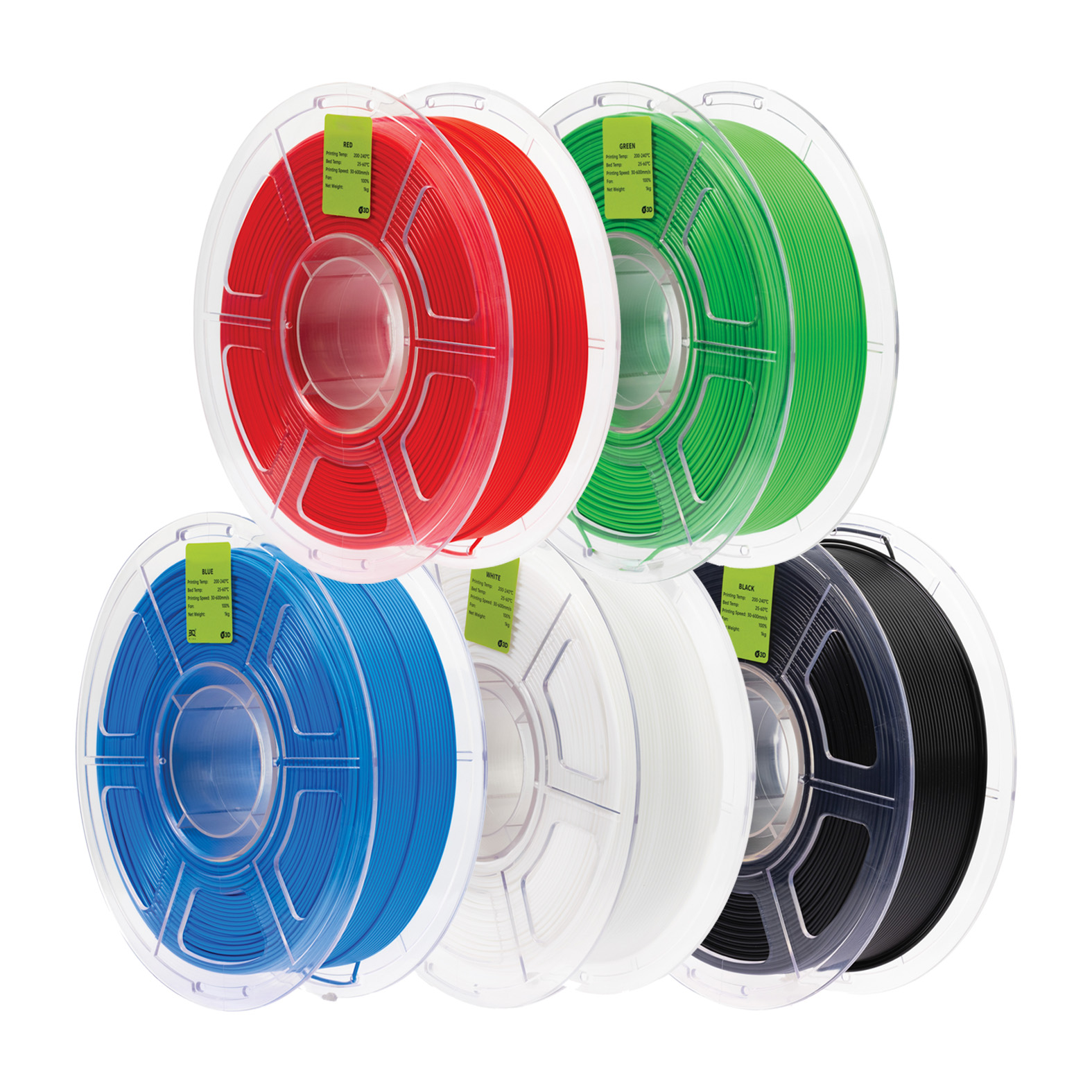 Filamenty o średnicy 1,75 mm (możliwe do wykorzystania zarówno w drukarkach 3D i w długopisach 3D) w kolorach: czerwony, zielony, niebieski, czarny, biały.
