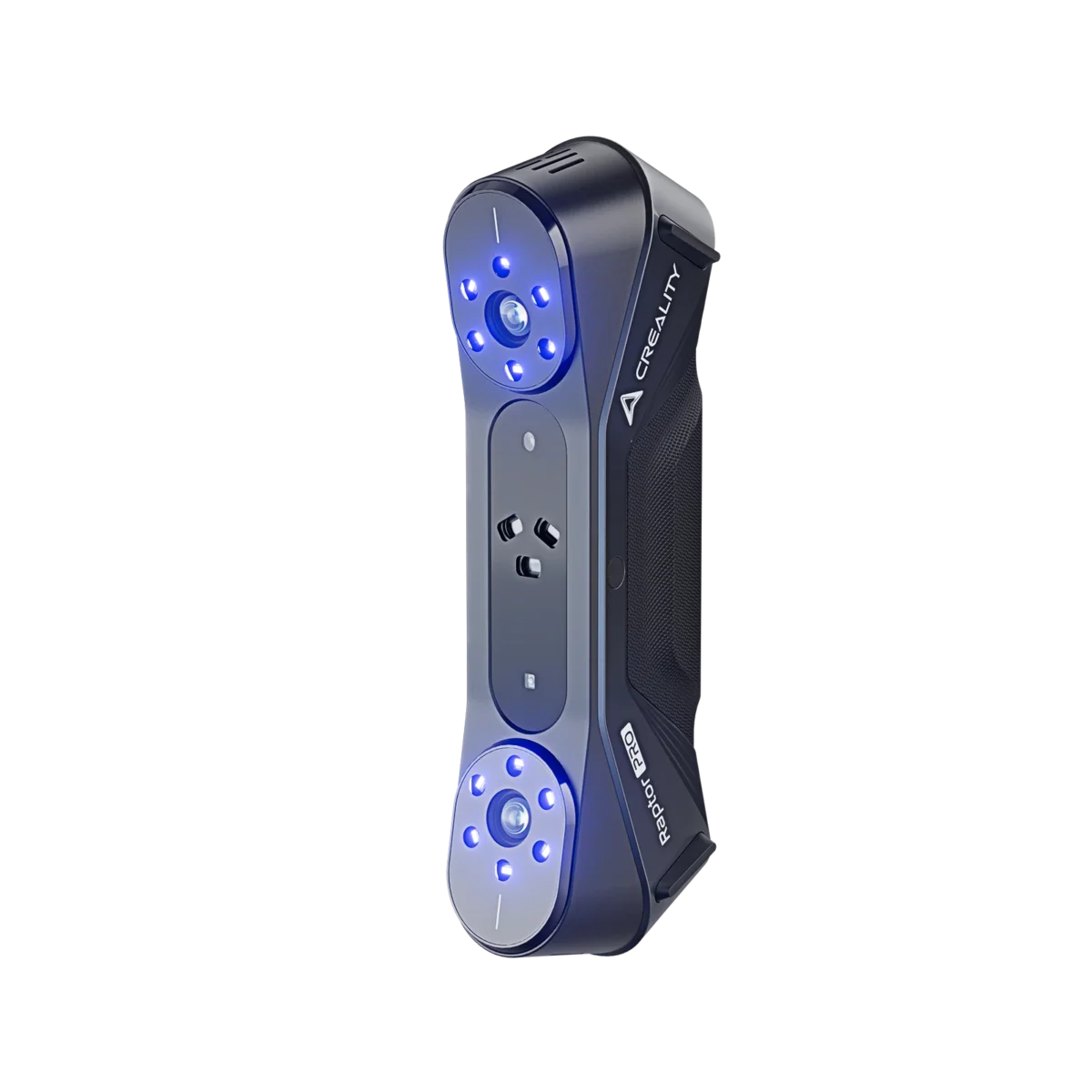 Creality Raptor Pro – przód skanera 3D z włączonym niebieskim podświetleniem modułów optycznych